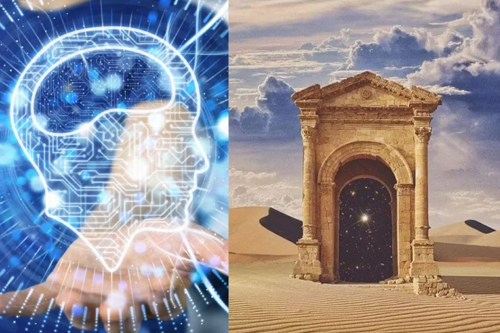futuristic innovation image left vs ancient greek building right